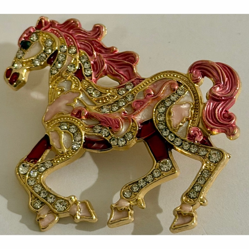 Vintage Style Horse Brooch Pink Enamel Rhinestone Gold Tone Chinese New Year